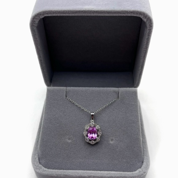 1.25 CT Oval Cut Pink Sapphire and .30 CT Diamond Necklace 925 Sterling Silver - Picture 4 of 7